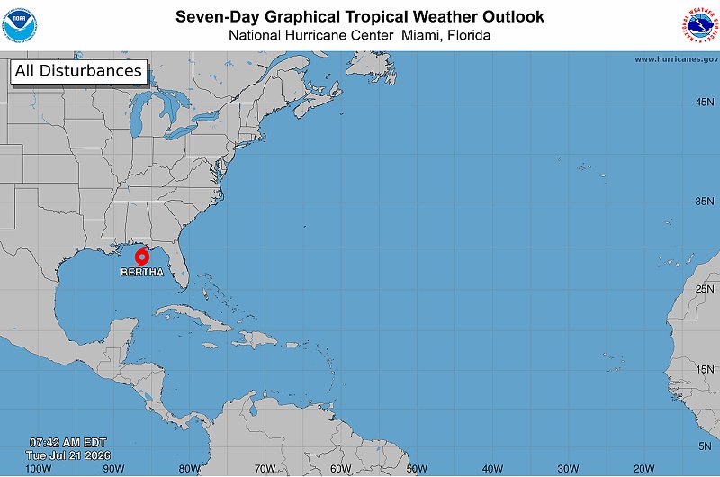 Tormenta Bertha con viento máximos de 95 kilómetros por hora